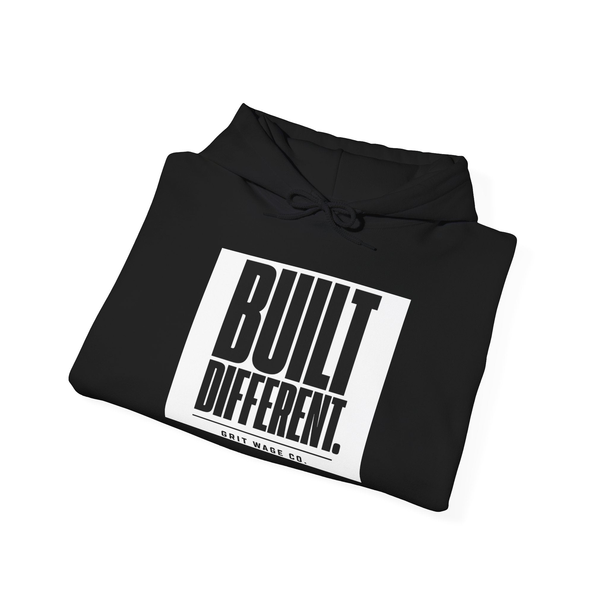 Built Different black hoodie folded