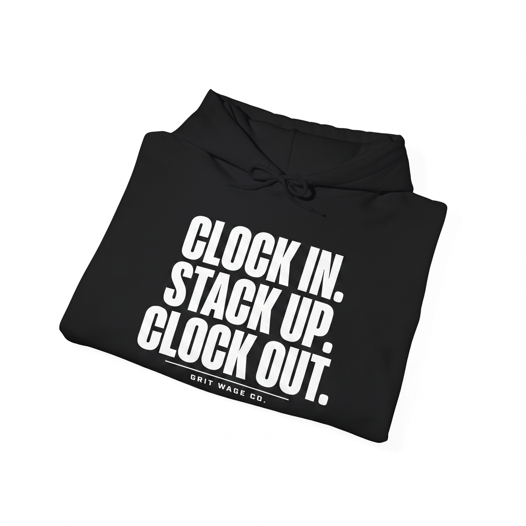 Clock In black hoodie folded