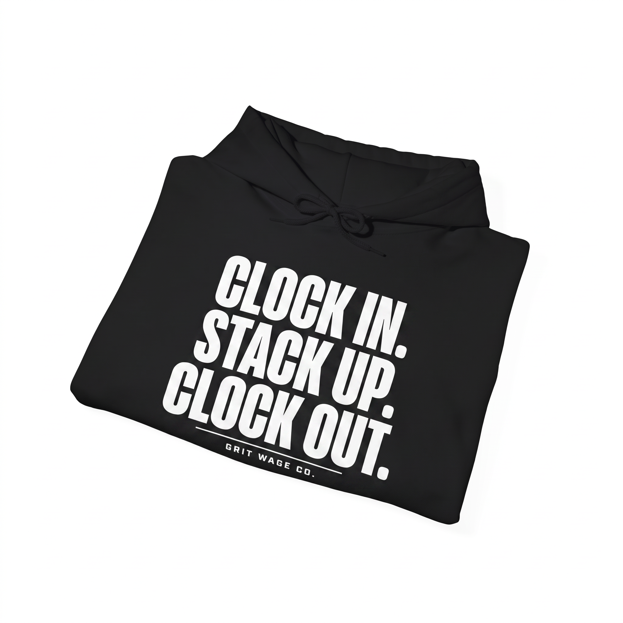 Clock In black hoodie folded