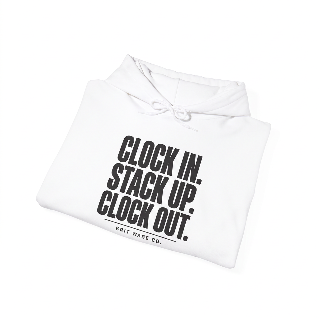 Clock In white hoodie folded