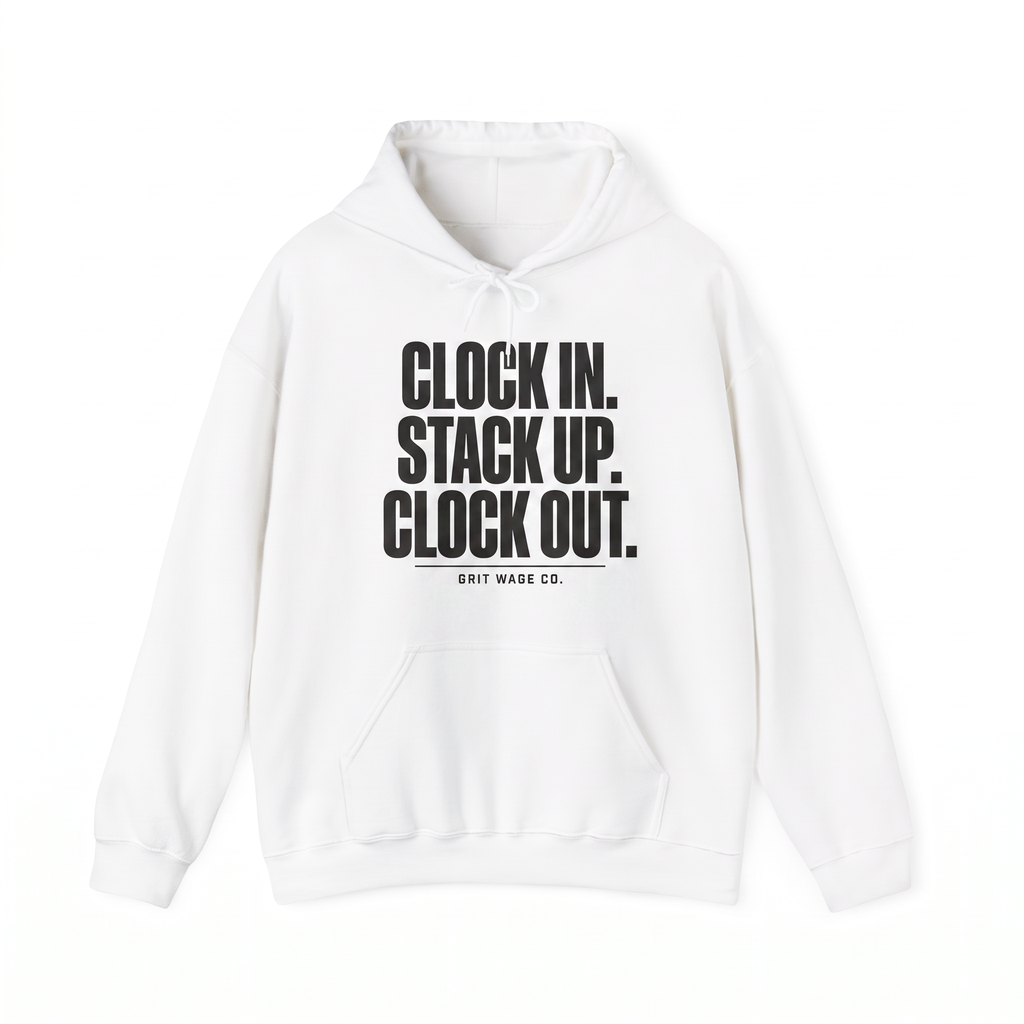 Clock In white hoodie front