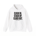 Clock In white hoodie front