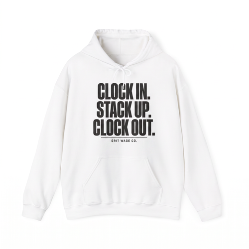 Clock In white hoodie front