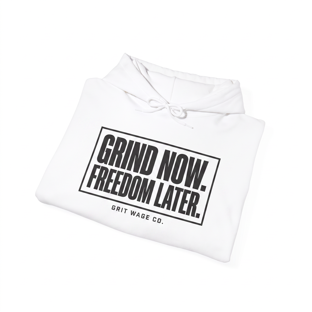 Grind Now white hoodie folded