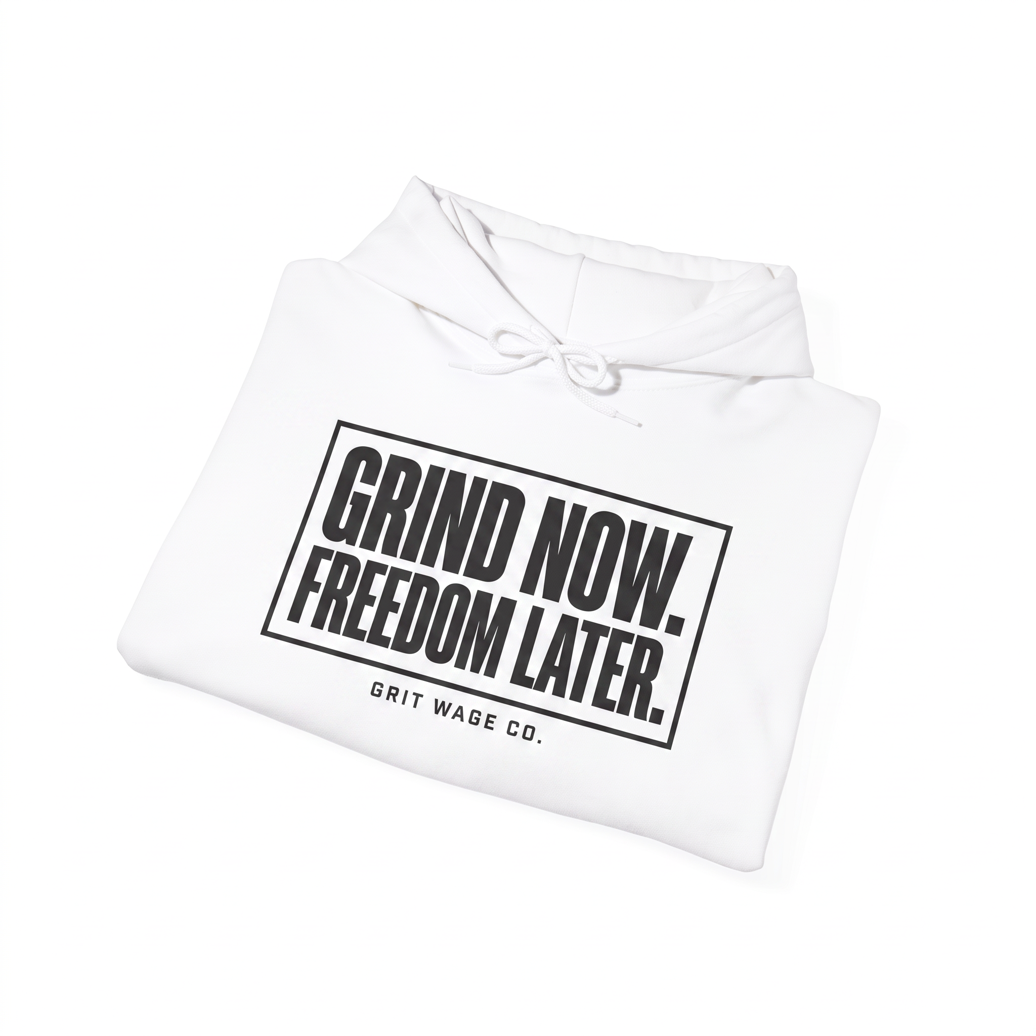 Grind Now white hoodie folded
