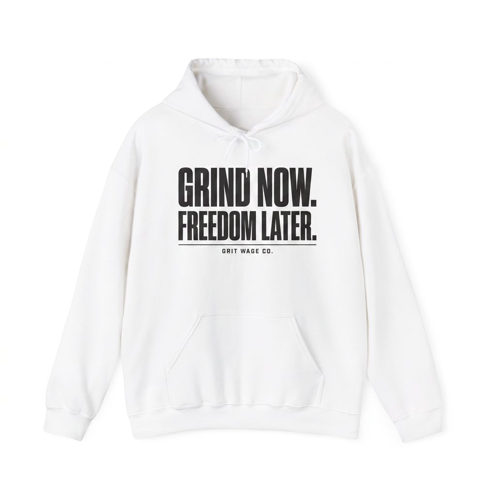 Grind Now white hoodie front