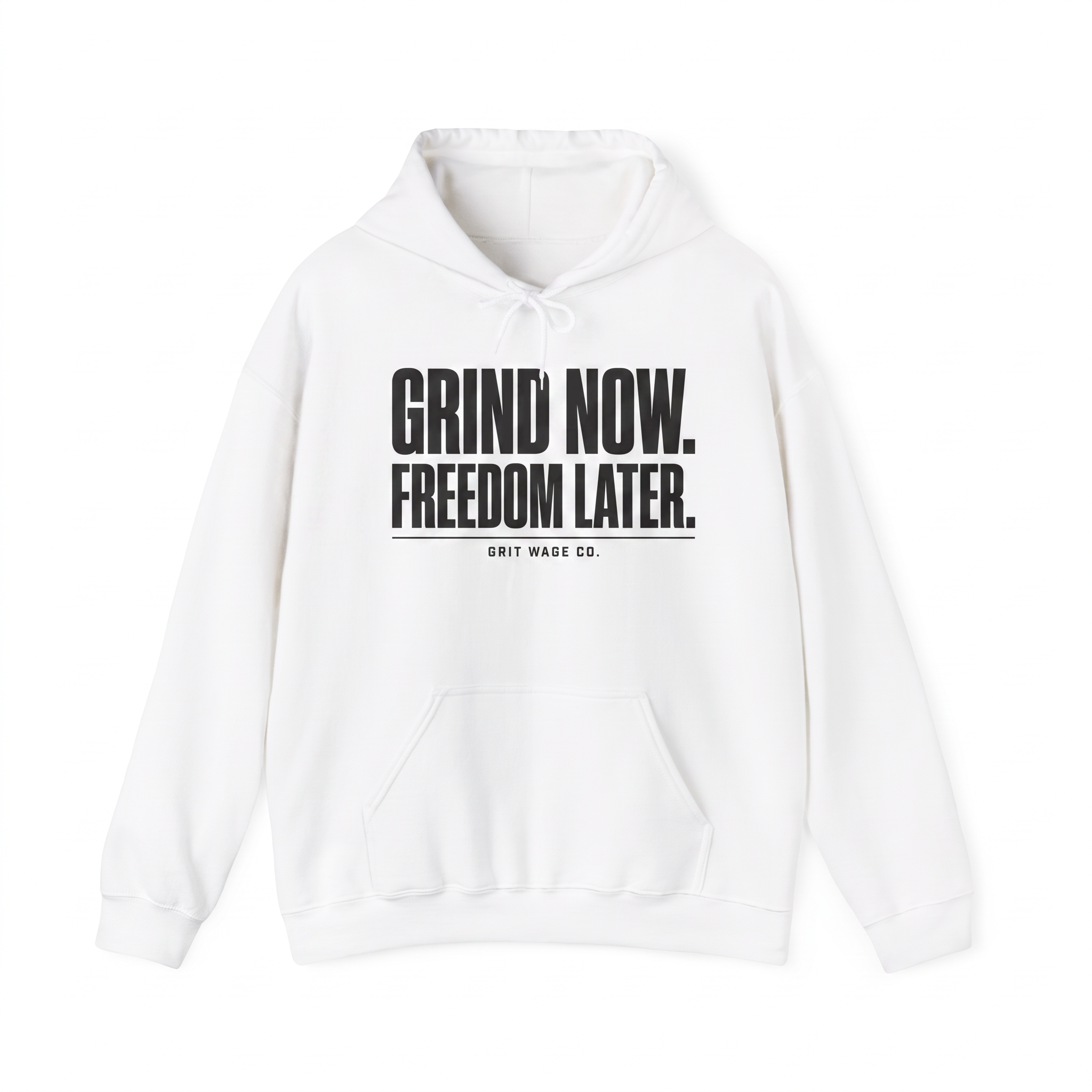 Grind Now white hoodie front